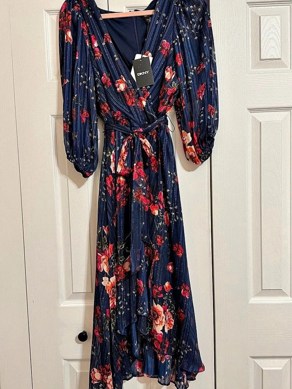 DKNY Metallic Floral Long Sleeve Faux-Wrap Midi Dress Floral Maxi Dress in Blue